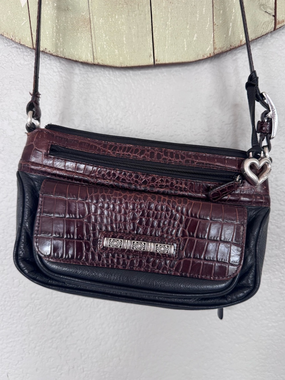 Brighton croc embossed leather crossbody burgundy & black